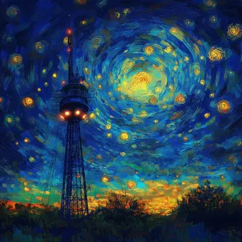 Digital artwork of a broadcasting tower under a star-filled sky, inspired by Van Gogh