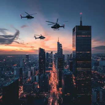 City skyline at sunset with helicopters flying, aerial view - Image 1