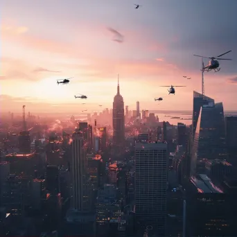 City skyline at sunset with helicopters flying, aerial view - Image 2