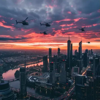 City skyline at sunset with helicopters flying, aerial view - Image 3