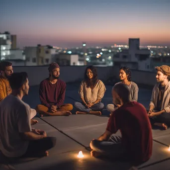 Group meditating on a rooftop terrace - Image 2