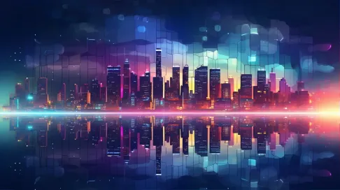 Geometric, low poly city skyline at dusk with twinkling lights - Image 1