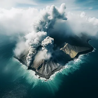 Aerial shot of a volcano erupting ash clouds into a blue sky - Image 1