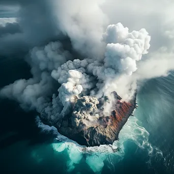 Aerial shot of a volcano erupting ash clouds into a blue sky - Image 4