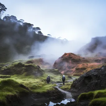 Adventurous visitors relaxing in a misty thermal spring surrounded by rugged terrain. - Image 2