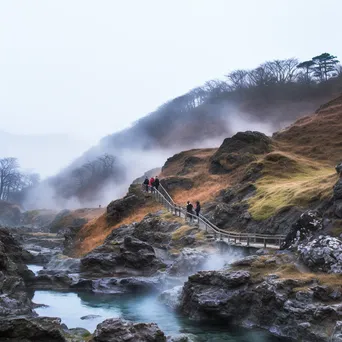 Adventurous visitors relaxing in a misty thermal spring surrounded by rugged terrain. - Image 3