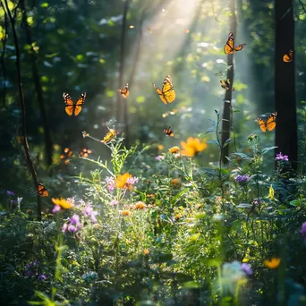 Delicate butterflies fluttering around colorful wildflowers in the forest understory. - Image 1