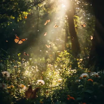 Delicate butterflies fluttering around colorful wildflowers in the forest understory. - Image 2