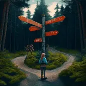 Image of a person standing at the fork of two roads in a forest with a signpost - Image 1