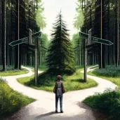 Image of a person standing at the fork of two roads in a forest with a signpost - Image 2