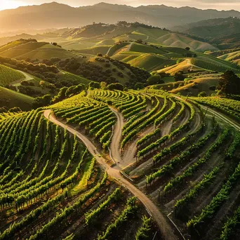 Aerial view of vineyards winding through hills at sunset - Image 3