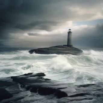 Lighthouse on rocky coastline under stormy sky with crashing waves - Image 1