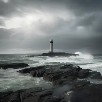 Lighthouse on rocky coastline under stormy sky with crashing waves - Image 3