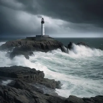 Lighthouse on rocky coastline under stormy sky with crashing waves - Image 4