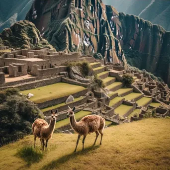 Machu Picchu ancient ruins with llamas grazing on the mountainside - Image 3