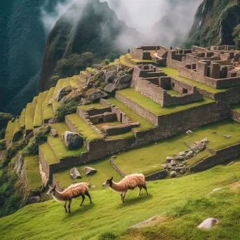 Machu Picchu ancient ruins with llamas grazing on the mountainside - Image 4