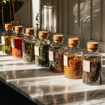 Glass jars of colorful tea blends on a marble counter. - Image 1