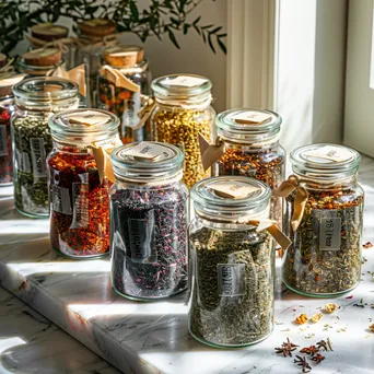 Glass jars of colorful tea blends on a marble counter. - Image 2