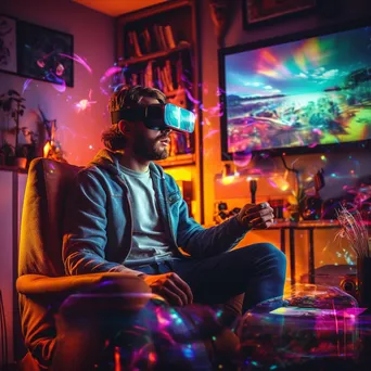 Man using AR glasses for VR experience in bright living room - Image 4