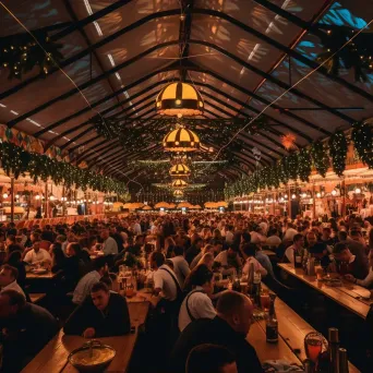 Oktoberfest beer tents with traditional decor and lively crowds - Image 1