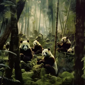 View of a dense bamboo forest with pandas munching on bamboo shoots - Image 1