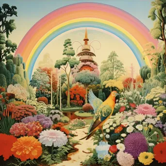 Image of a lush garden under a rainbow with colorful flowers and a gazebo - Image 3