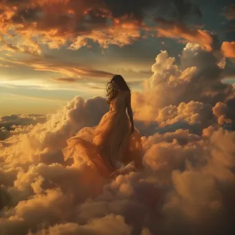 A woman in a flowing dress walking on clouds with a colorful sunset backdrop. - Image 1