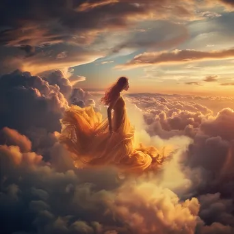 A woman in a flowing dress walking on clouds with a colorful sunset backdrop. - Image 3