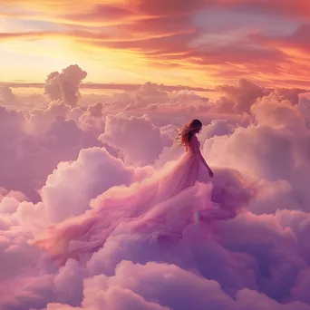 A woman in a flowing dress walking on clouds with a colorful sunset backdrop. - Image 4