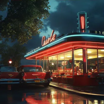 Photorealistic painting of a classic 1950s diner at night - Image 3