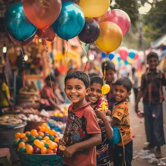 Happy children playing among colorful stalls and balloons at a busy street bazaar. - Image 1