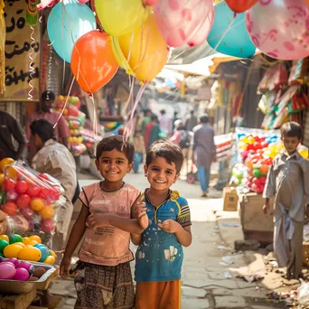 Happy children playing among colorful stalls and balloons at a busy street bazaar. - Image 2