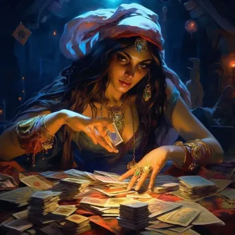 Image of a gypsy woman laying out colorful fortune-telling cards on a moonlit table - Image 1