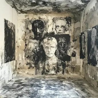 Mixed media representation of decayed portraits within a forgotten gallery - Image 3