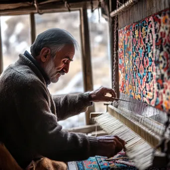 Artisan weaving a colorful Persian carpet on a traditional loom. - Image 1