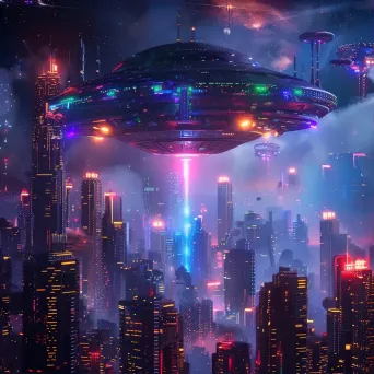 Spaceship hovering over futuristic city skyline - Image 1