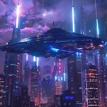 Spaceship hovering over futuristic city skyline - Image 2