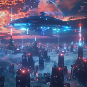 Spaceship hovering over futuristic city skyline - Image 4