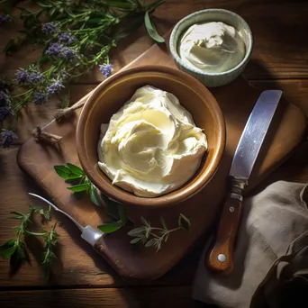 Overhead view of fresh cream being whipped into butter in a wooden bowl with vintage utensils - Image 2