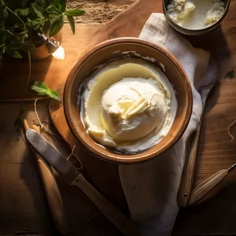 Overhead view of fresh cream being whipped into butter in a wooden bowl with vintage utensils - Image 3