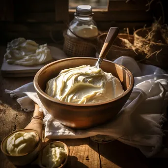 Overhead view of fresh cream being whipped into butter in a wooden bowl with vintage utensils - Image 4