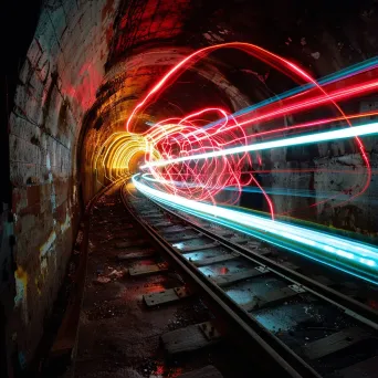 Vivid light trails in abandoned subway tunnel with streaks of colors - Image 1