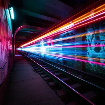 Vivid light trails in abandoned subway tunnel with streaks of colors - Image 4