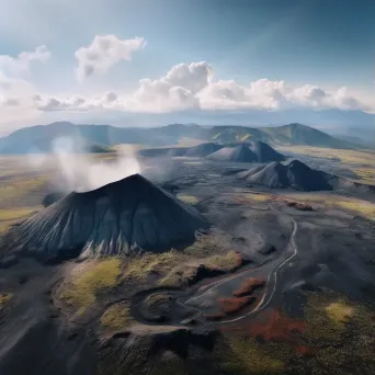 Aerial view of a volcanic landscape with a smoking crater and lava fields - Image 1