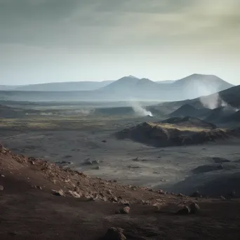 Aerial view of a volcanic landscape with a smoking crater and lava fields - Image 3