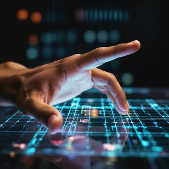 Close-up of a hand interacting with a holographic grid interface in low-light conditions, photographed with a Nikon Z7 II. - Image 1