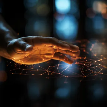 Close-up of a hand interacting with a holographic grid interface in low-light conditions, photographed with a Nikon Z7 II. - Image 3