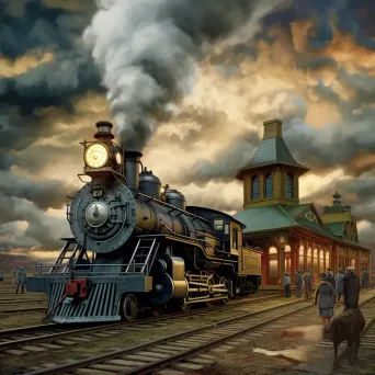 Vintage train station with old steam locomotive under cloudy sky - Image 2