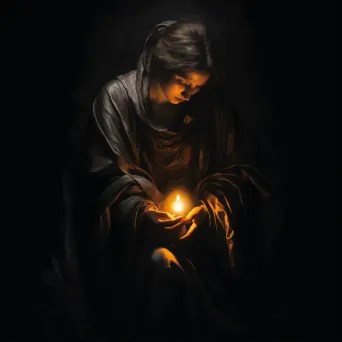 Grieving figure holding a brilliantly glowing ember in a chiaroscuro style painting - Image 1