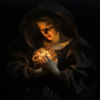 Grieving figure holding a brilliantly glowing ember in a chiaroscuro style painting - Image 2